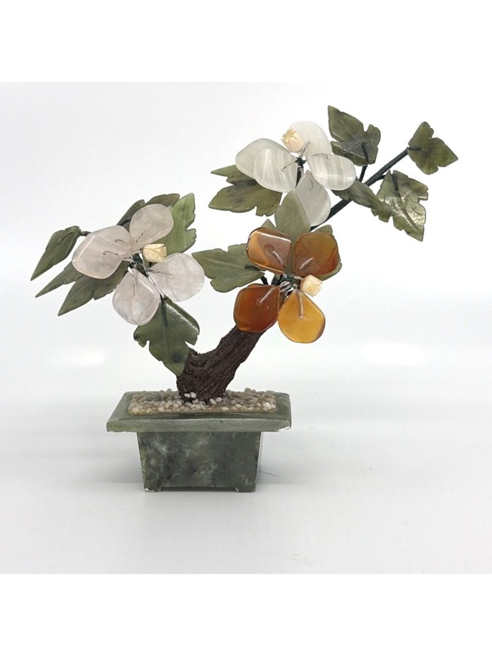 Vintage Gemstone Tree Serpentine Jade Rose Quartz Carnelian Bonsai Sculpture 5"
